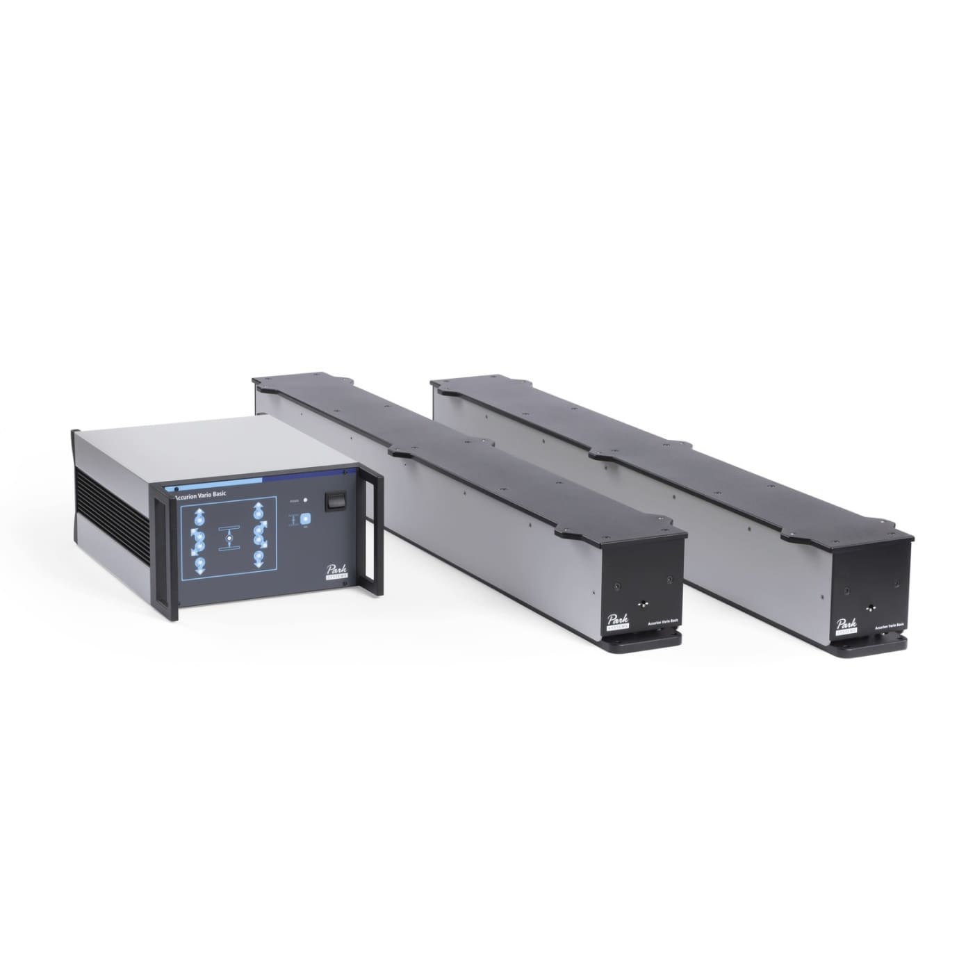 Park Systems Accurion Vario modular active vibration isolation system with two or more elements, designed for high static loads up to 900 kg, featuring automatic load adjustment, steel support frame, acoustic enclosure, and a rack-mountable external control unit. Ideal for custom applications like optical breadboards or laser set-ups.